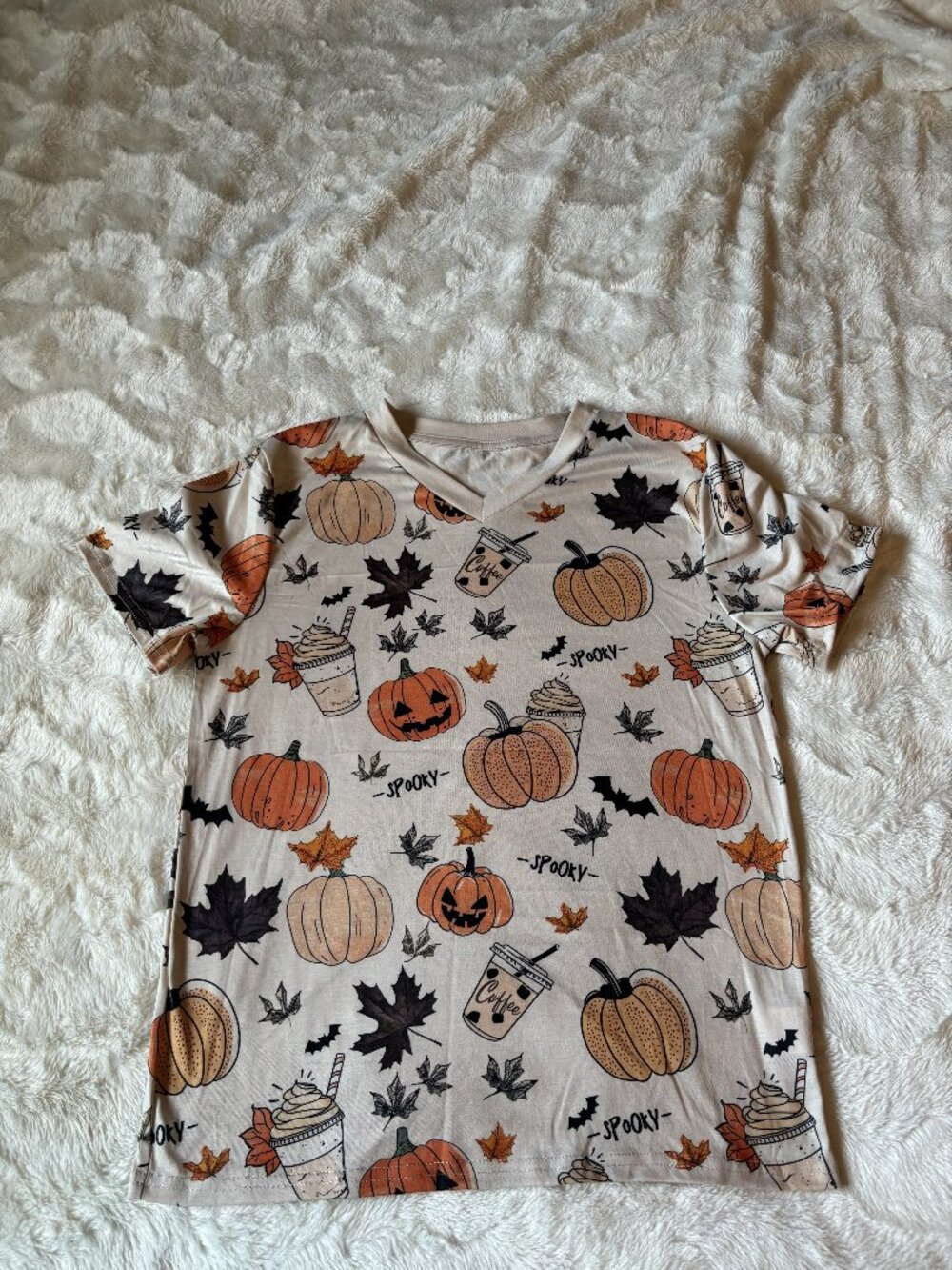 SHEIN Halloween T-Shirt XS Beige Orange Black Pumpkin Spooky Graphic Tee NWOT